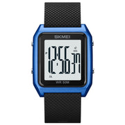 SKMEI 1866 Square Large Screen Men Steel Belt Multi-function Night Light Alarm Clock Watch(Blue White Machine)