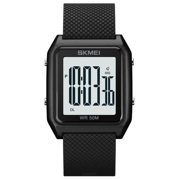 SKMEI 1866 Square Large Screen Men Steel Belt Multi-function Night Light Alarm Clock Watch(Black White Machine)