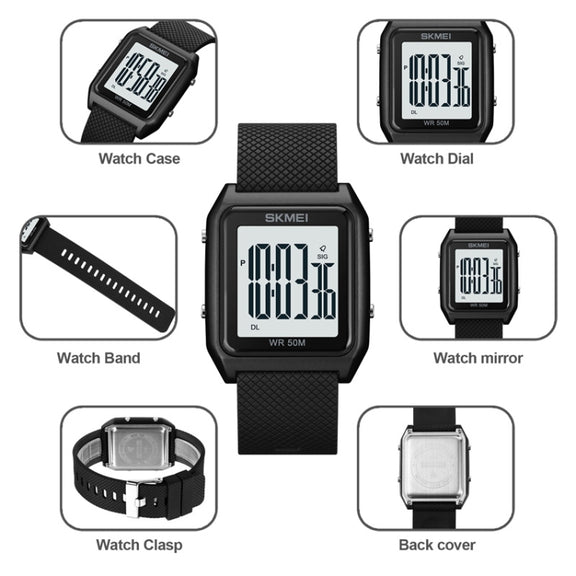 SKMEI 1866 Square Large Screen Men Steel Belt Multi-function Night Light Alarm Clock Watch(Blue White Machine)
