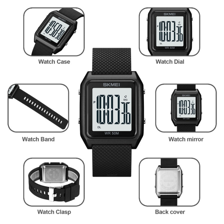 SKMEI 1866 Square Large Screen Men Steel Belt Multi-function Night Light Alarm Clock Watch(Blue White Machine)