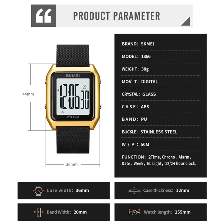 SKMEI 1866 Square Large Screen Men Steel Belt Multi-function Night Light Alarm Clock Watch(Black White Machine)