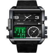 BINBOND B3332 Square Multifunctional Sports Quartz Water-resistant Watch(Black Leather-Black-Black-White)