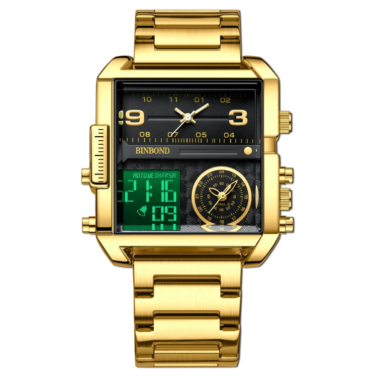 BINBOND B3332 Square Multifunctional Sports Quartz Water-resistant Watch(Full-gold-Black)