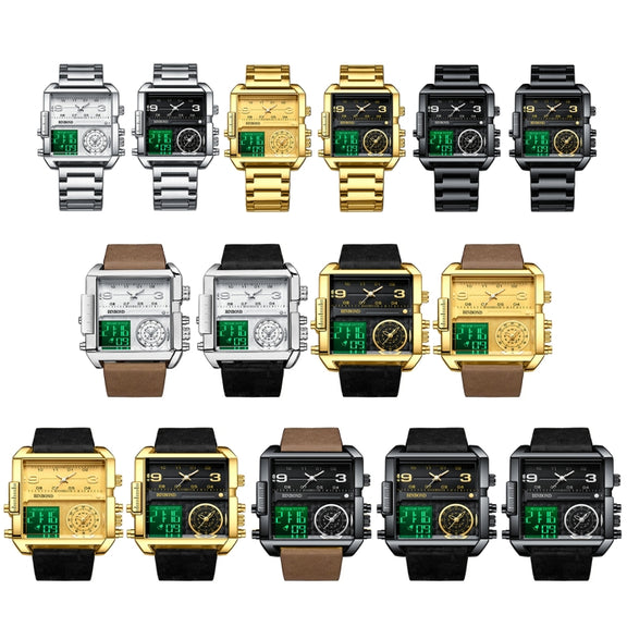 BINBOND B3332 Square Multifunctional Sports Quartz Water-resistant Watch(Black Leather-Black-Black-White)