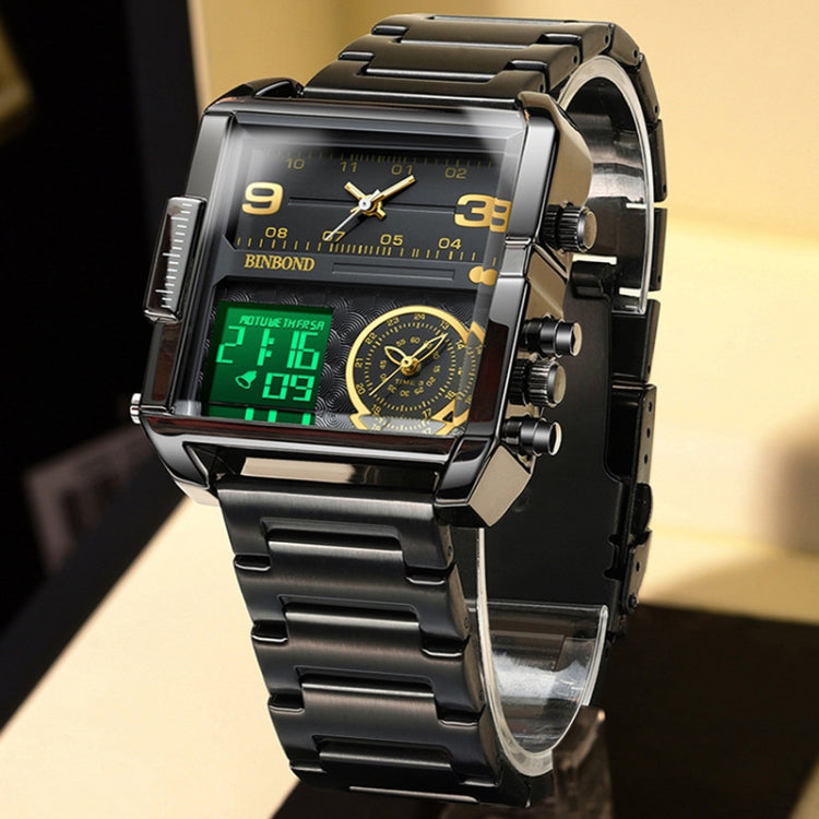 BINBOND B3332 Square Multifunctional Sports Quartz Water-resistant Watch(Full-gold-Black)