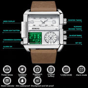 BINBOND B3332 Square Multifunctional Sports Quartz Water-resistant Watch(Black Steel-Black-White)