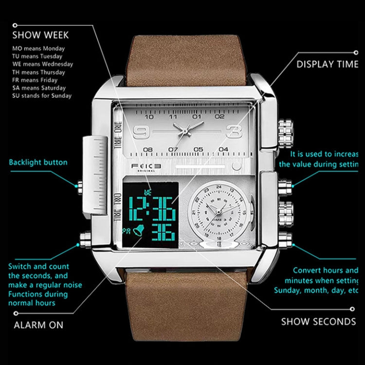 BINBOND B3332 Square Multifunctional Sports Quartz Water-resistant Watch(Black Leather-Black-Black-White)