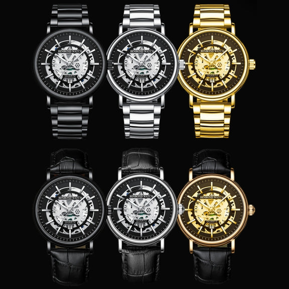 BINBOND B7872 Multifunctional Hollow Luminous Water-resistant Quartz Watch, Color: Black Steel-Black-White