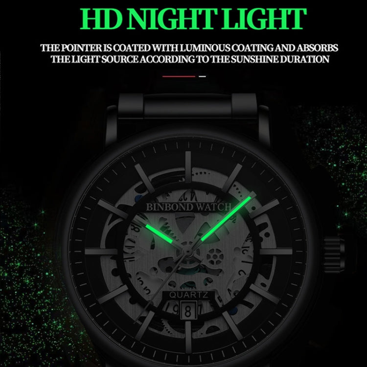 BINBOND B7872 Multifunctional Hollow Luminous Water-resistant Quartz Watch, Color: Black Leather-Black-Black