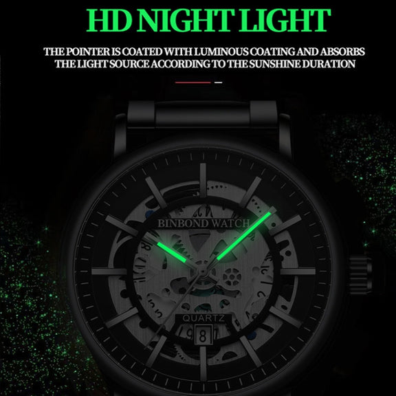 BINBOND B7872 Multifunctional Hollow Luminous Water-resistant Quartz Watch, Color: Black Leather-Black-Black