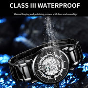 BINBOND B7872 Multifunctional Hollow Luminous Water-resistant Quartz Watch, Color: Black Leather-Black-Black