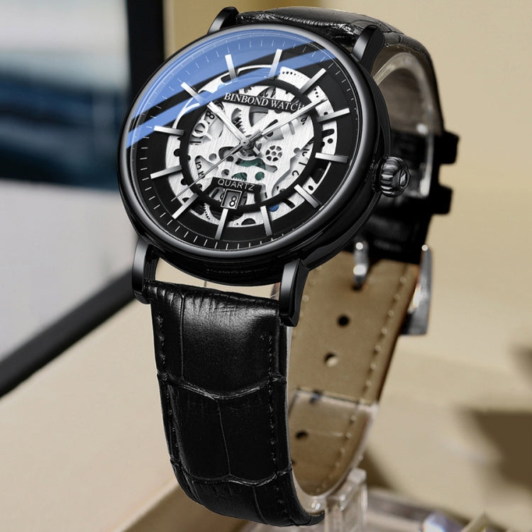 BINBOND B7872 Multifunctional Hollow Luminous Water-resistant Quartz Watch, Color: Black Leather-Black-Black