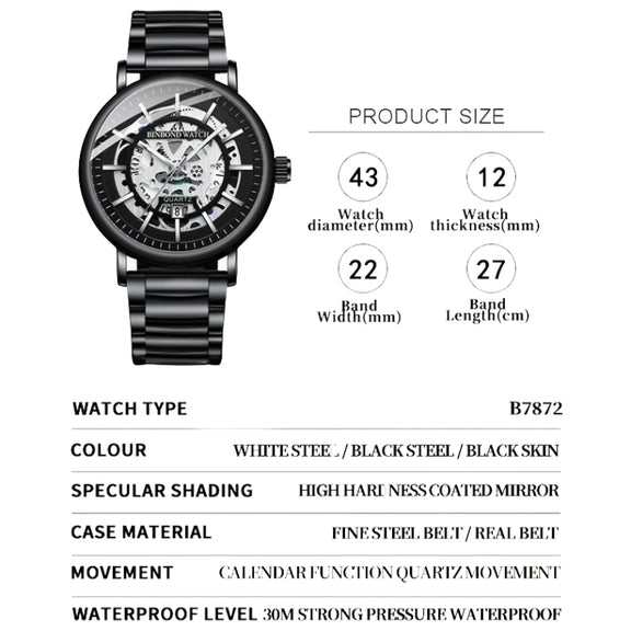 BINBOND B7872 Multifunctional Hollow Luminous Water-resistant Quartz Watch, Color: Black Leather-White-Black