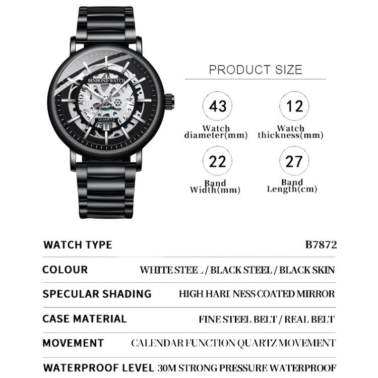 BINBOND B7872 Multifunctional Hollow Luminous Water-resistant Quartz Watch, Color: Black Leather-White-Black