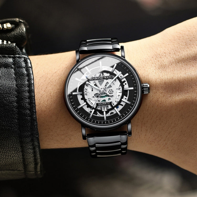 BINBOND B7872 Multifunctional Hollow Luminous Water-resistant Quartz Watch, Color: Black Leather-White-Black