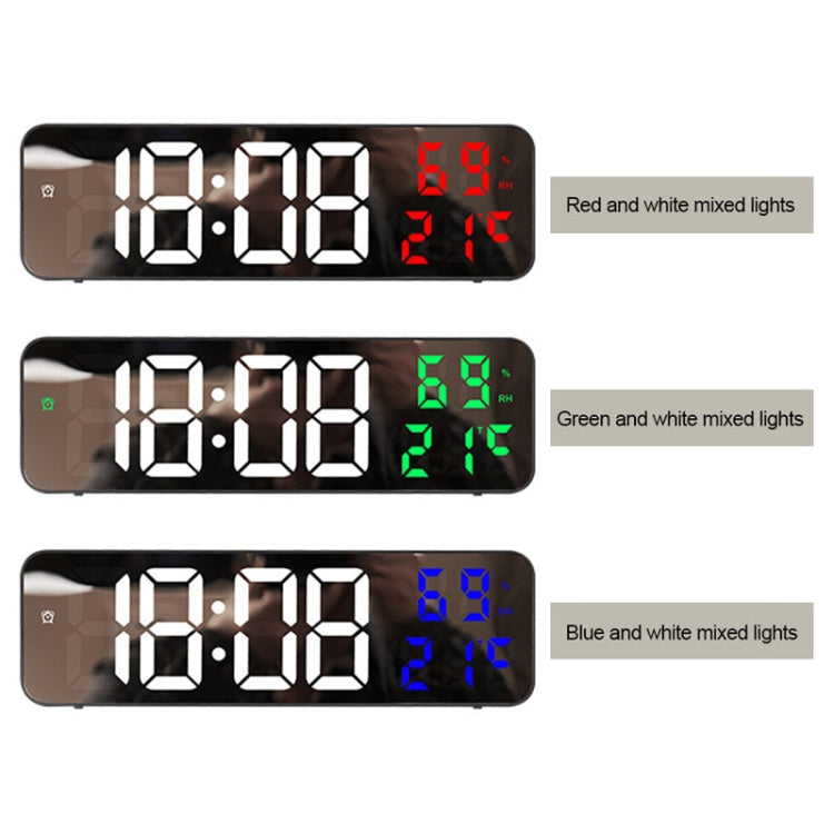 671  Mirror Screen Digital LED Alarm Clock USB Plug-in/Battery Dual-use With Temperature/Humidity Display(Black Shell White Green)