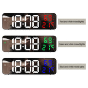 671  Mirror Screen Digital LED Alarm Clock USB Plug-in/Battery Dual-use With Temperature/Humidity Display(Black Shell White Green)