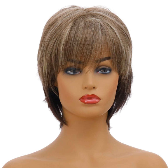 Wig-381 Brown Mixed Light Gold Women High Temperature Silk Curly Short Hair Wig