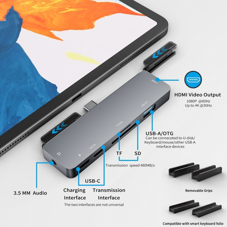 For IPad Pro 7-In-1 HDMI 4K + 3.5mm Audio + SD/TF+ 1 USB 3.0 + USB-C/Type-C + PD USB-C Docking Station