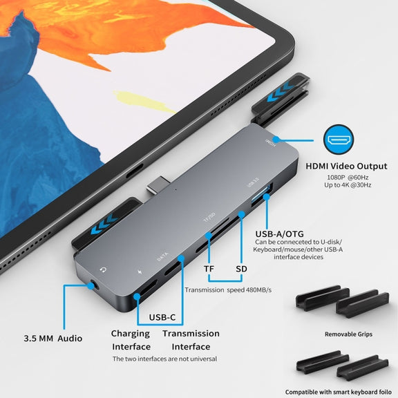 For IPad Pro 7-In-1 HDMI 4K + 3.5mm Audio + SD/TF+ 1 USB 3.0 + USB-C/Type-C + PD USB-C Docking Station