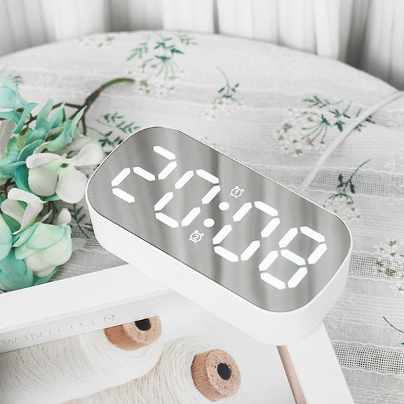 6637 LED Digital Display Temperature Electronic Clock Desktop Mirror Alarm Clock(Black White Light)