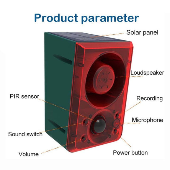 N911N Solar Alarm Infrared Sensor Sound And Light Blast Warning Light Animal Repeller(English Version)