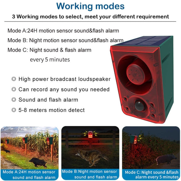 N911N Solar Alarm Infrared Sensor Sound And Light Blast Warning Light Animal Repeller(English Version)