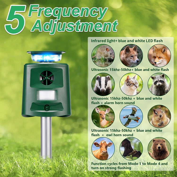 SK698 Solar Powered Animal Repeller 360 Degree Strobe Light Bird Repeller Ultrasonic Rat Repeller(Green)