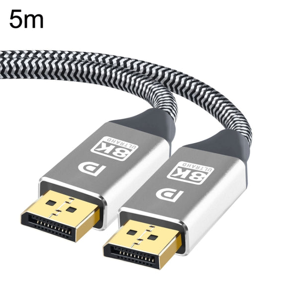 5m 1.4 Version DP Cable Gold-Plated Interface 8K High-Definition Display Computer Cable 30AWG OD:6.3MM With Nylon Mesh(Silver)