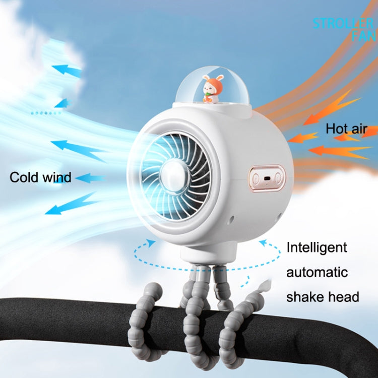 Baby Stroller Fan Home Mute Outdoor Cooling Portable Rabbit Octopus Fan With Shake Head (White)