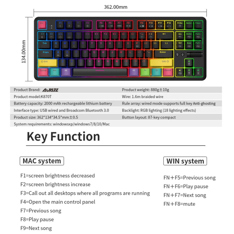Ajazz K870T 87-Key Hot Swap Bluetooth/Wired Dual Mode RGB Backlight Office Game Mechanical Keyboard Red Shaft (Black)
