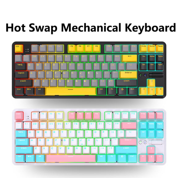 Ajazz K870T Pro 87 Keys Three Mode Wireless/Bluetooth/Wired Pluggable RGB Mechanical Keyboard Red Shaft (White)