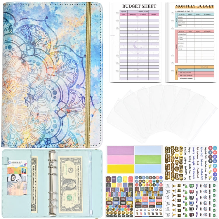 A6 Mandala Binder Financial Plan Notebook PU Leather Cash Budget Book(Fresh Blue)