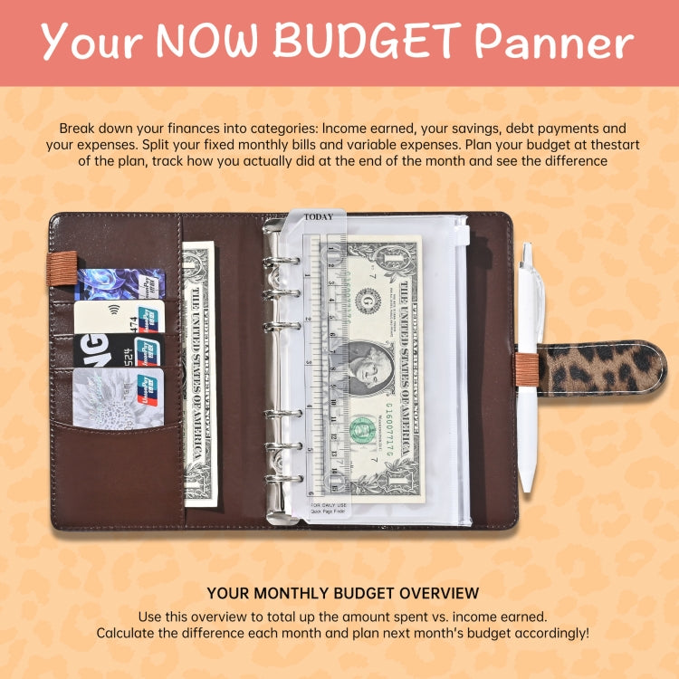 A6 Leopard Print Cash Budget Notebook  Loose Leaf Financial Management Notepad(Deep Brown)