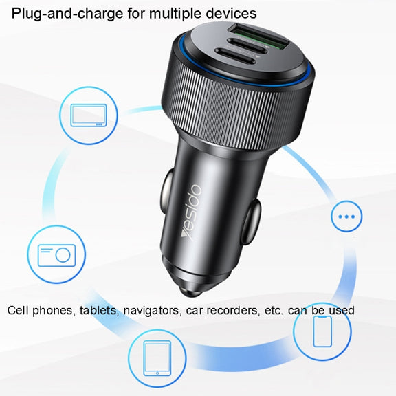 Yesido Y50 Car USB3.0 Fast Charger 30W Aluminum Alloy PD Fast Charging(Black)