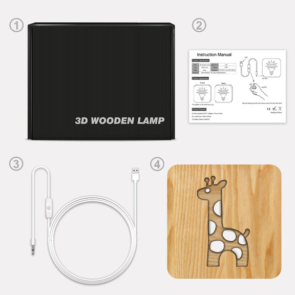 FS-T2330W  3D Wooden Carving Giraffe Table Lamp USB Night Light Crafts