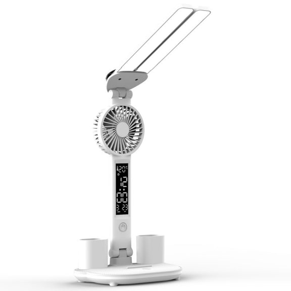 Rechargeable  3200mAh Double Head Lighting LED Fan Desk Lamp with Pen Holder & Clock