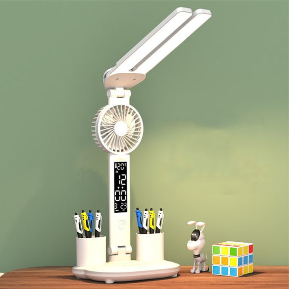 Rechargeable  3200mAh Double Head Lighting LED Fan Desk Lamp with Pen Holder & Clock