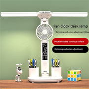 Rechargeable  3200mAh Double Head Lighting LED Fan Desk Lamp with Pen Holder & Clock