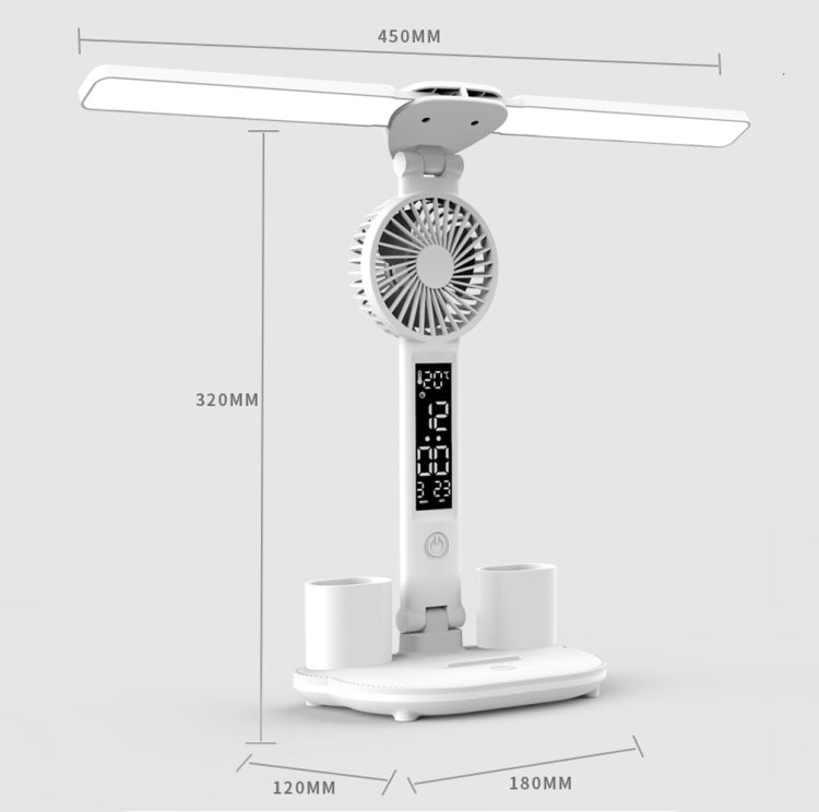 Rechargeable  3200mAh Double Head Lighting LED Fan Desk Lamp with Pen Holder & Clock