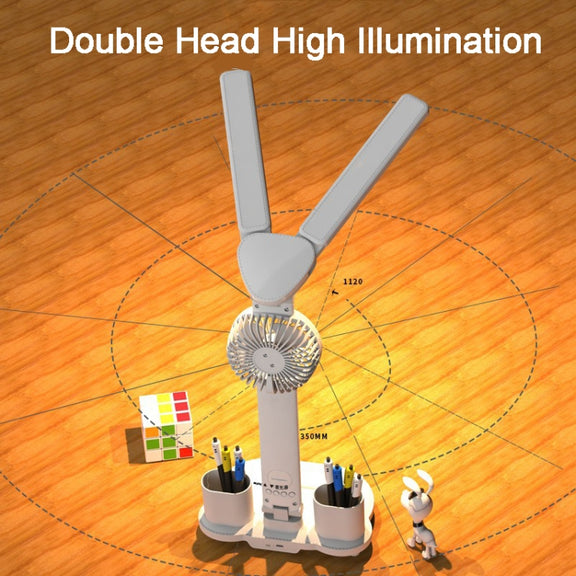 Rechargeable  3200mAh Double Head Lighting LED Fan Desk Lamp with Pen Holder & Clock