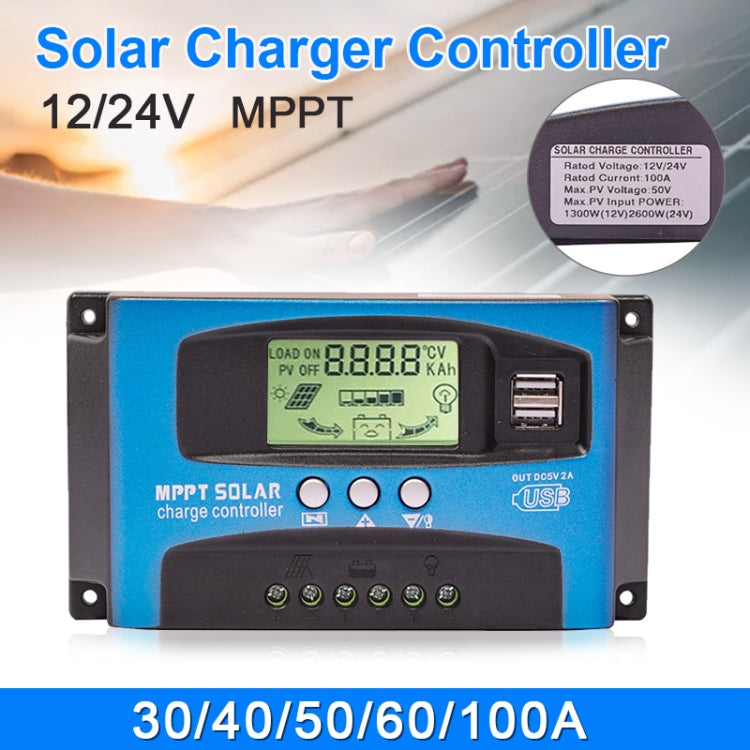 YCX-003 30-100A Solar Charging Controller with LED Screen & Dual USB Port Smart MPPT Charger, Model: 12/24/36/48/60V 100A