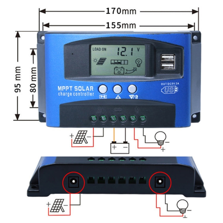 YCX-003 30-100A Solar Charging Controller with LED Screen & Dual USB Port Smart MPPT Charger, Model: 12/24V 30A