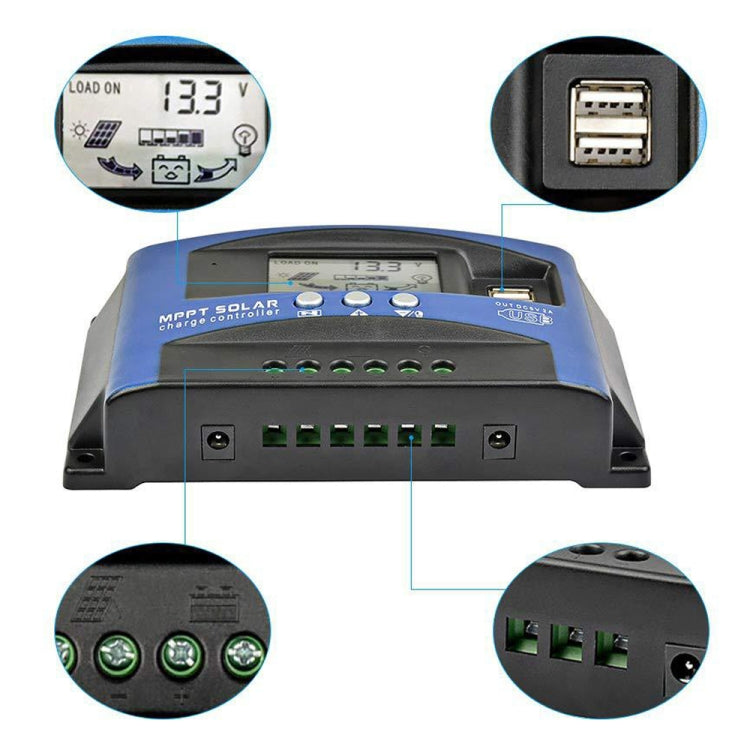 YCX-003 30-100A Solar Charging Controller with LED Screen & Dual USB Port Smart MPPT Charger, Model: 12/24V 60A