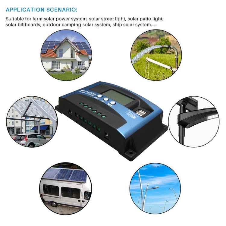 YCX-003 30-100A Solar Charging Controller with LED Screen & Dual USB Port Smart MPPT Charger, Model: 12/24V 60A