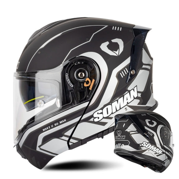 SOMAN Racing Motorcycle Double Lens Riding Safety Helmet, Size: M(Prince Charle Silver Gray)