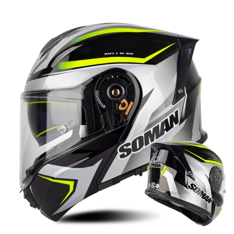 SOMAN Racing Motorcycle Double Lens Riding Safety Helmet, Size: M(Silver Gray Yellow Vision)