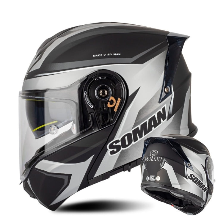SOMAN Racing Motorcycle Double Lens Riding Safety Helmet, Size: M(Silver Gray Black Vision)