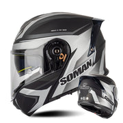 SOMAN Racing Motorcycle Double Lens Riding Safety Helmet, Size: M(Silver Gray Black Vision)
