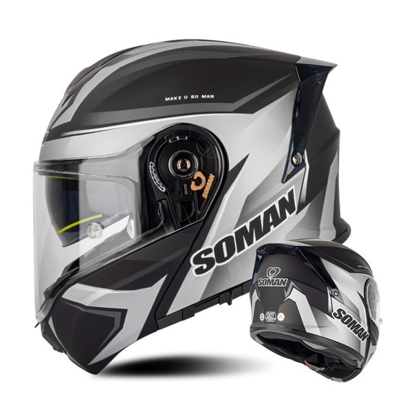 SOMAN Racing Motorcycle Double Lens Riding Safety Helmet, Size: M(Silver Gray Black Vision)